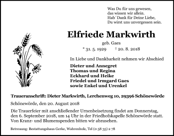 Traueranzeige von Elfriede Markwirth von Uelzen