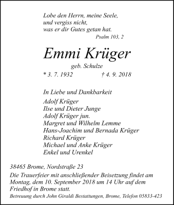 Traueranzeige von Emmi Krüger von Uelzen