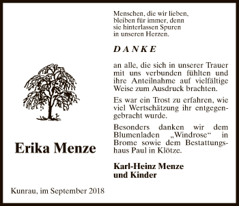 Traueranzeige von Erika Menze von Uelzen