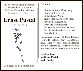 Traueranzeige von Ernst Pustal von Uelzen