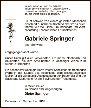 Traueranzeige von Gabriele Springer von Uelzen