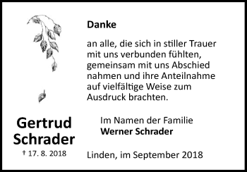 Traueranzeige von Gertrud Schrader von Uelzen