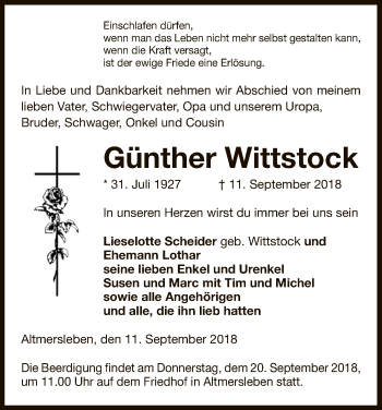 Traueranzeige von Günther Wittstock von Uelzen