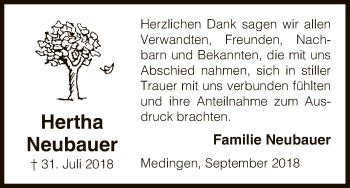 Traueranzeige von Hertha Neubauer von Uelzen