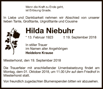 Traueranzeige von Hilda Niebuhr von Uelzen