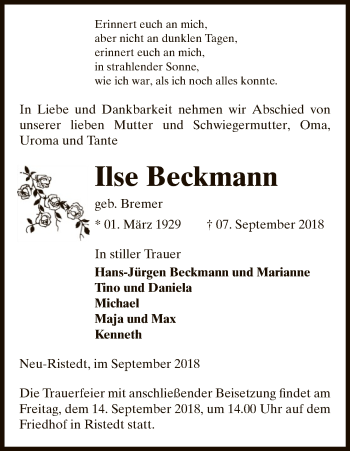 Traueranzeige von Ilse Beckmann von Uelzen