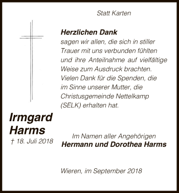 Traueranzeige von Irmgard Harms von Uelzen