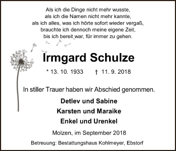 Traueranzeige von Irmgard Schulze von Uelzen