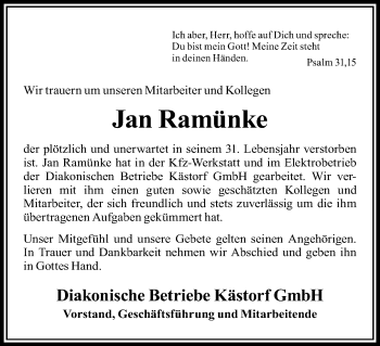 Traueranzeige von Jan Ramünke von Uelzen