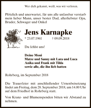 Traueranzeige von Jens Karnapke von Uelzen
