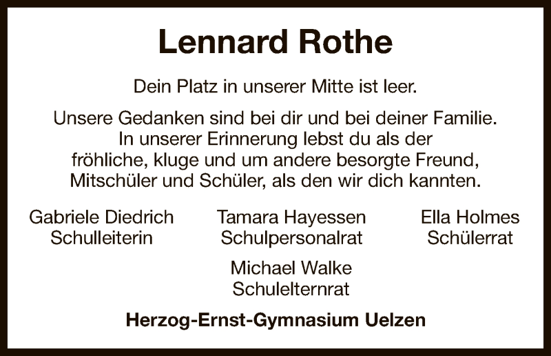  Traueranzeige für Lennard Rothe vom 13.09.2018 aus Uelzen