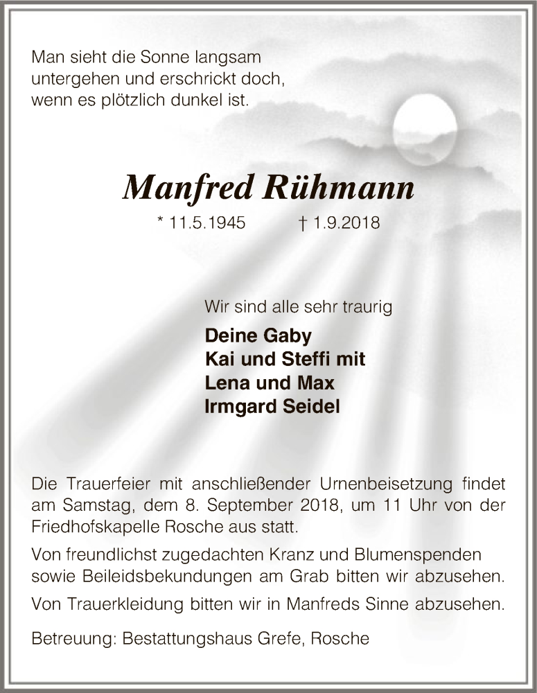  Traueranzeige für Manfred Rühmann vom 04.09.2018 aus Uelzen