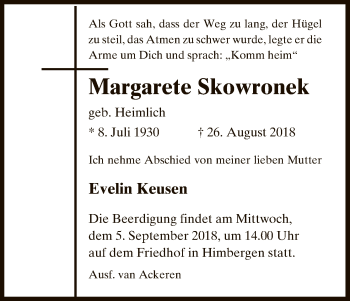 Traueranzeige von Margarete Skowronek von Uelzen