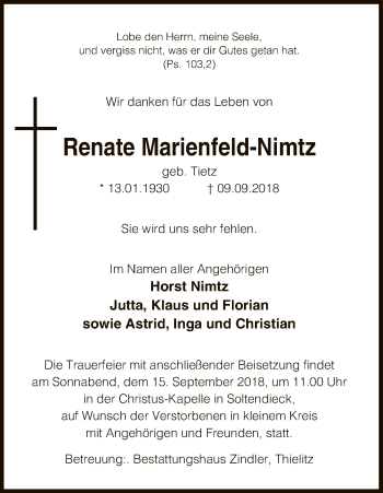 Traueranzeige von Renate Marienfeld-Nimtz von Uelzen