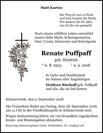 Traueranzeige von Renate Puffpaff von Uelzen