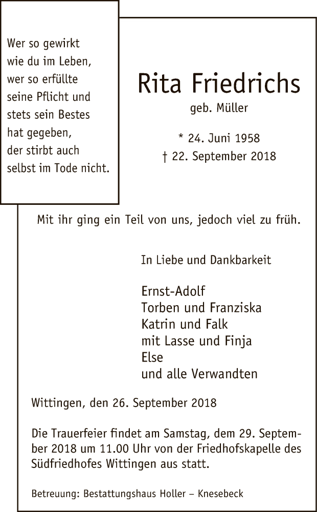  Traueranzeige für Rita Friedrichs vom 26.09.2018 aus Uelzen