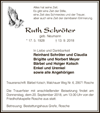 Traueranzeige von Ruth Schröter von Uelzen