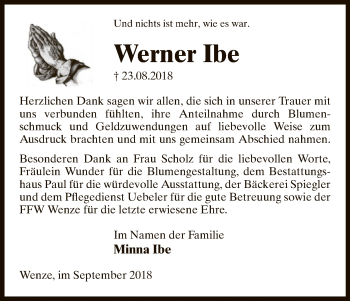 Traueranzeige von Werner Ibe von Uelzen