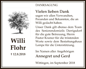 Traueranzeige von Willi Flohr von Uelzen