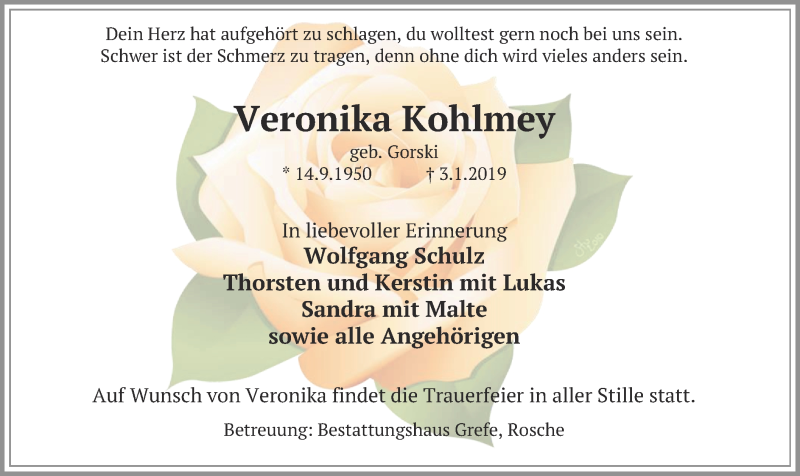  Traueranzeige für Veronika Kohlmey vom 12.01.2019 aus Uelzen