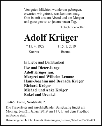 Traueranzeige von Adolf Krüger von Uelzen