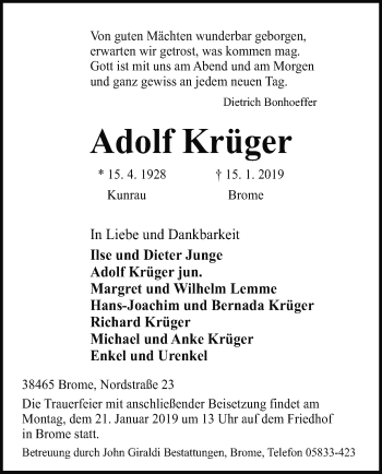 Traueranzeige von Adolf Krüger von Uelzen