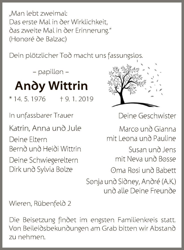  Traueranzeige für Andy Wittrin vom 16.01.2019 aus Uelzen