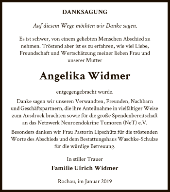 Traueranzeige von Angelika Widmer von Uelzen