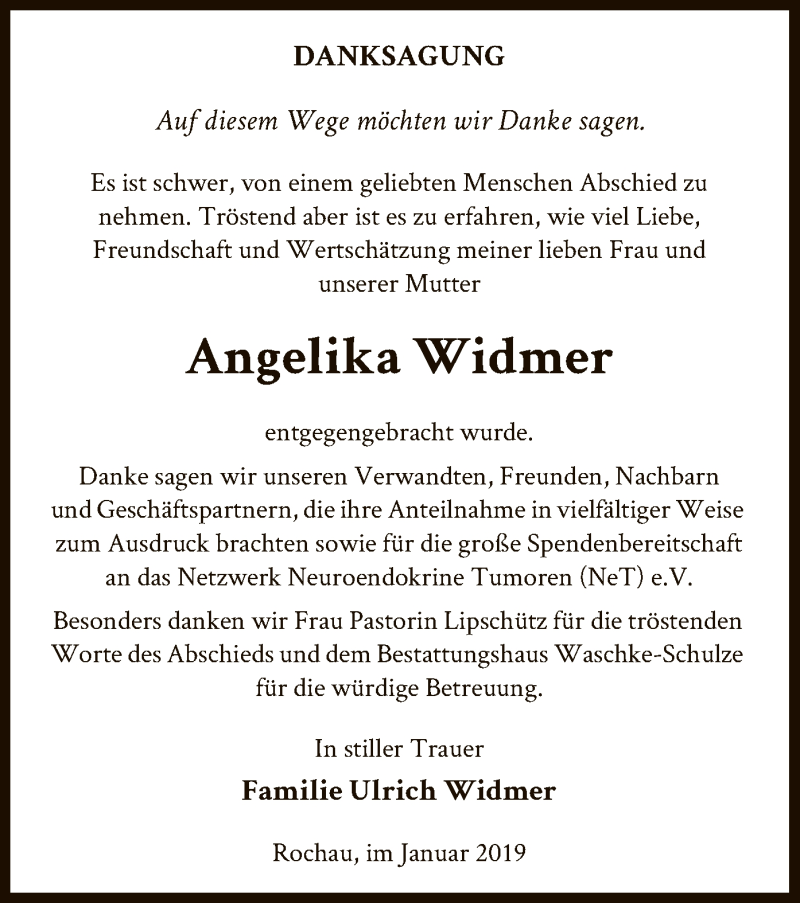  Traueranzeige für Angelika Widmer vom 11.01.2019 aus Uelzen
