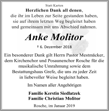 Traueranzeige von Anke Molitor von Uelzen