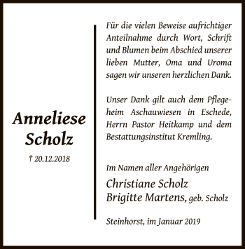 Traueranzeige von Anneliese Scholz von Uelzen