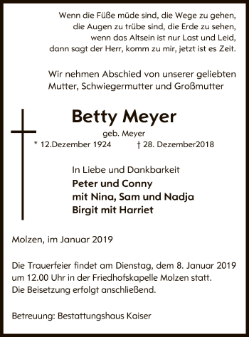 Traueranzeige von Betty Meyer von Uelzen