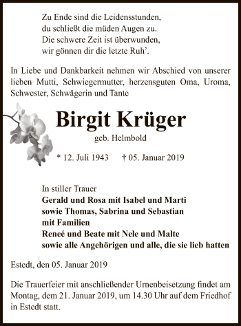 Traueranzeige von Birgit Krüger von Uelzen