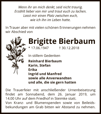 Traueranzeige von Brigitte Bierbaum von Uelzen