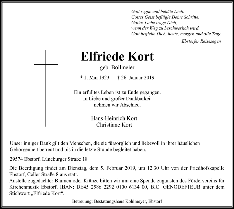  Traueranzeige für Elfriede Kort vom 29.01.2019 aus Uelzen