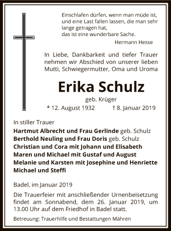 Traueranzeige von Erika Schulz von Uelzen