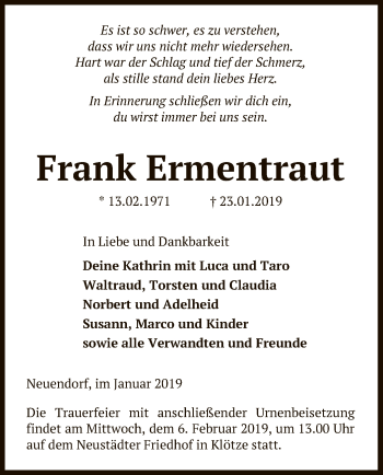 Traueranzeige von Frank Ermentraut von Uelzen