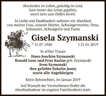 Traueranzeige von Gisela Szymanski von Uelzen