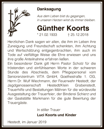 Traueranzeige von Günther Koorts von Uelzen