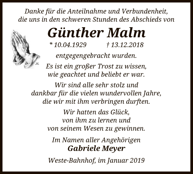  Traueranzeige für Günther Malm vom 12.01.2019 aus Uelzen