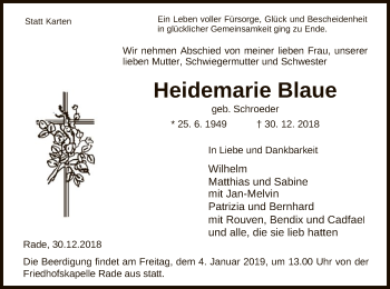 Traueranzeige von Heidemarie Blaue von Uelzen