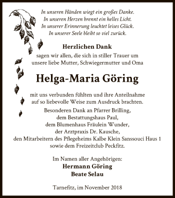 Traueranzeige von Helga-Maria Göring von Uelzen