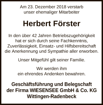 Traueranzeige von Herbert Förster von Uelzen