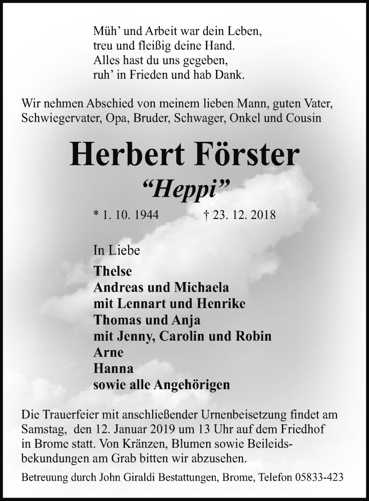  Traueranzeige für Herbert Förster vom 08.01.2019 aus Uelzen