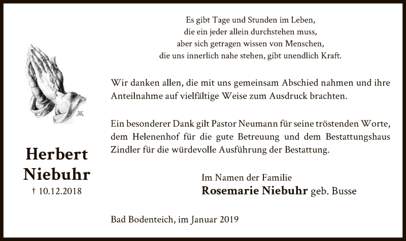  Traueranzeige für Herbert Niebuhr vom 12.01.2019 aus Uelzen