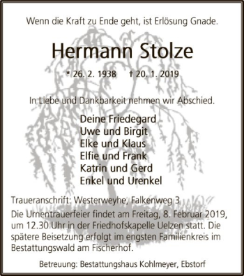 Traueranzeige von Hermann Stolze von Uelzen