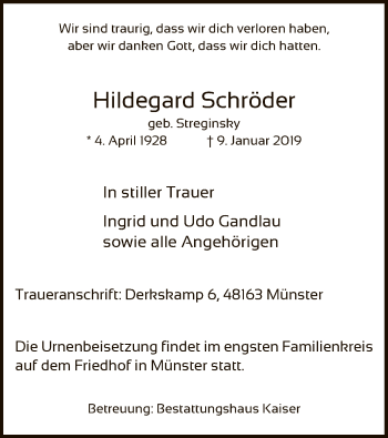 Traueranzeige von Hildegard Schröder von Uelzen