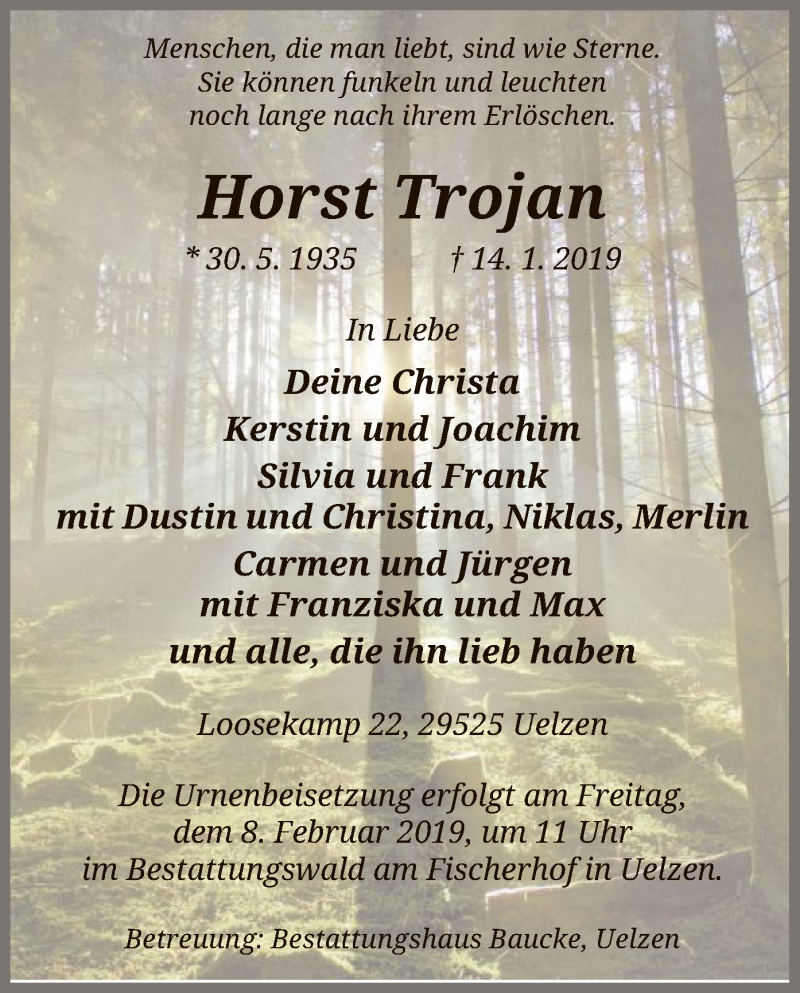  Traueranzeige für Horst Trojan vom 19.01.2019 aus Uelzen