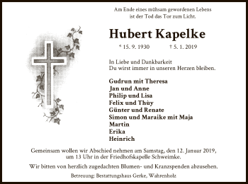 Traueranzeige von Hubert Kapelke von Uelzen