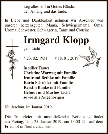 Traueranzeige von Irmgard Klopp von Uelzen